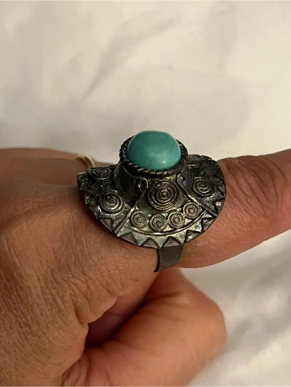 Designers original antique Turquoise Stone Antique Silver-Patina Statement Ring